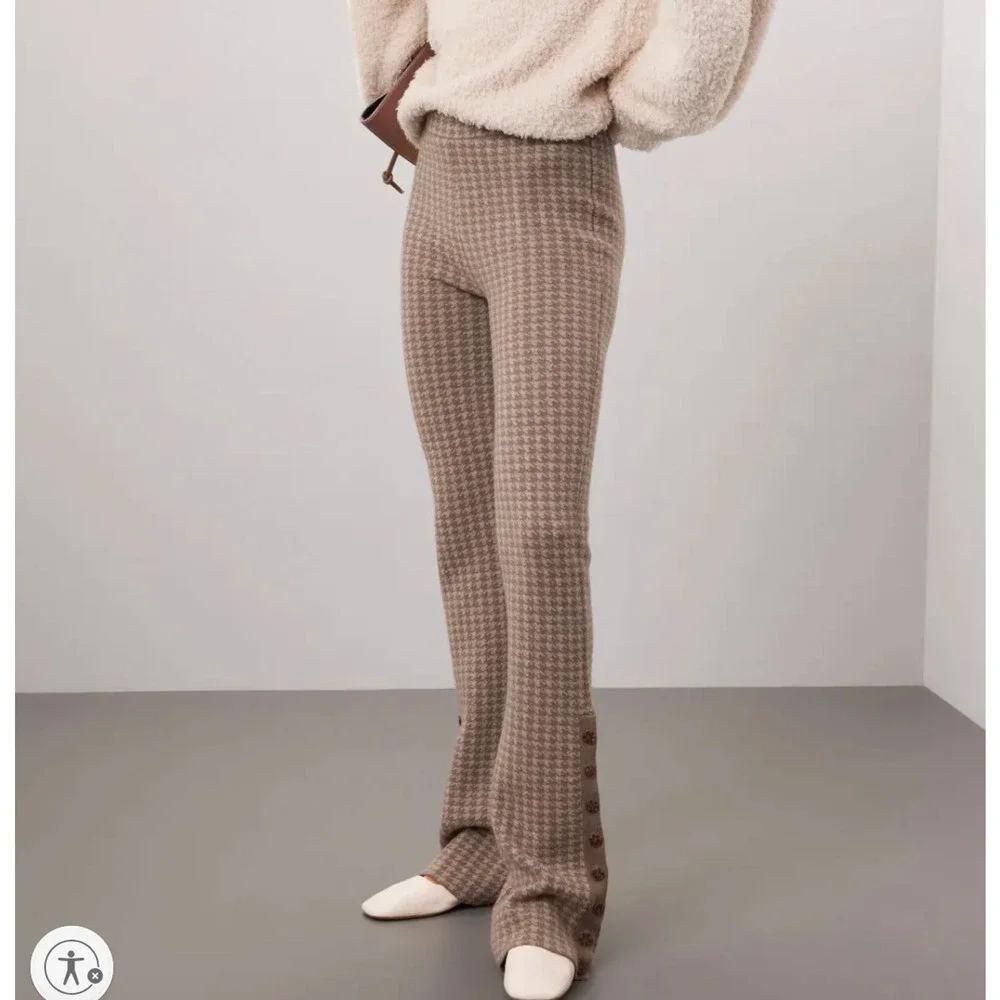Naadam Beige Cream Houndstooth Flare Pants SMALL Sweater Cashmere Designer $325